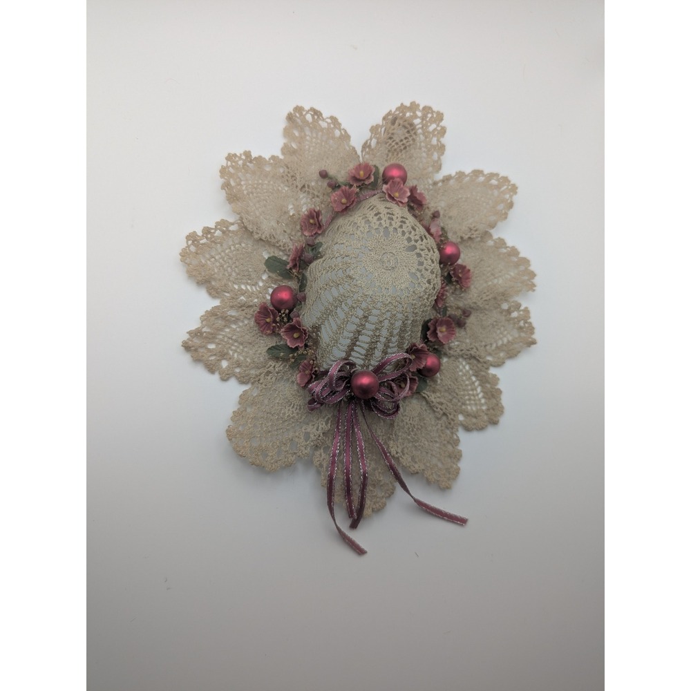 Vintage Handmade Doiley Hat Floral Ribbon Accent Wall Hanging Beige Pink